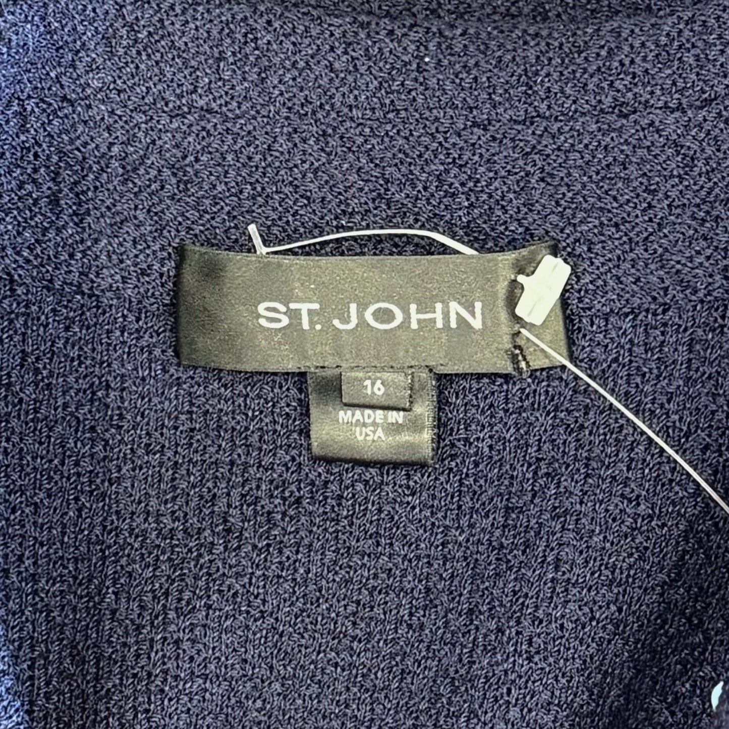St. John Navy Textured Knit Double-Breasted Jacket – Gold Logo Buttons – Size 16