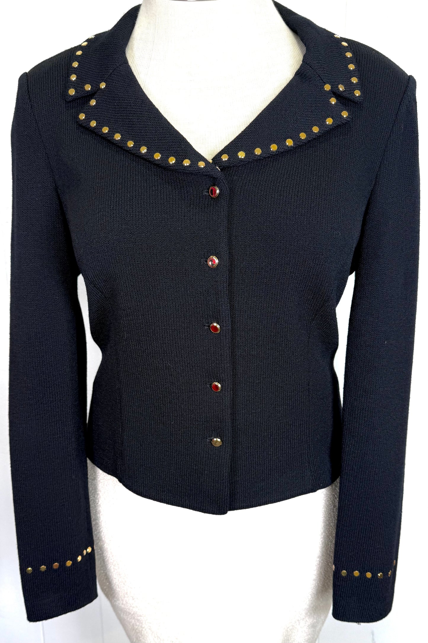 St. John Black Santana Knit Evening Jacket – Gold Circle Paillettes – Size 14