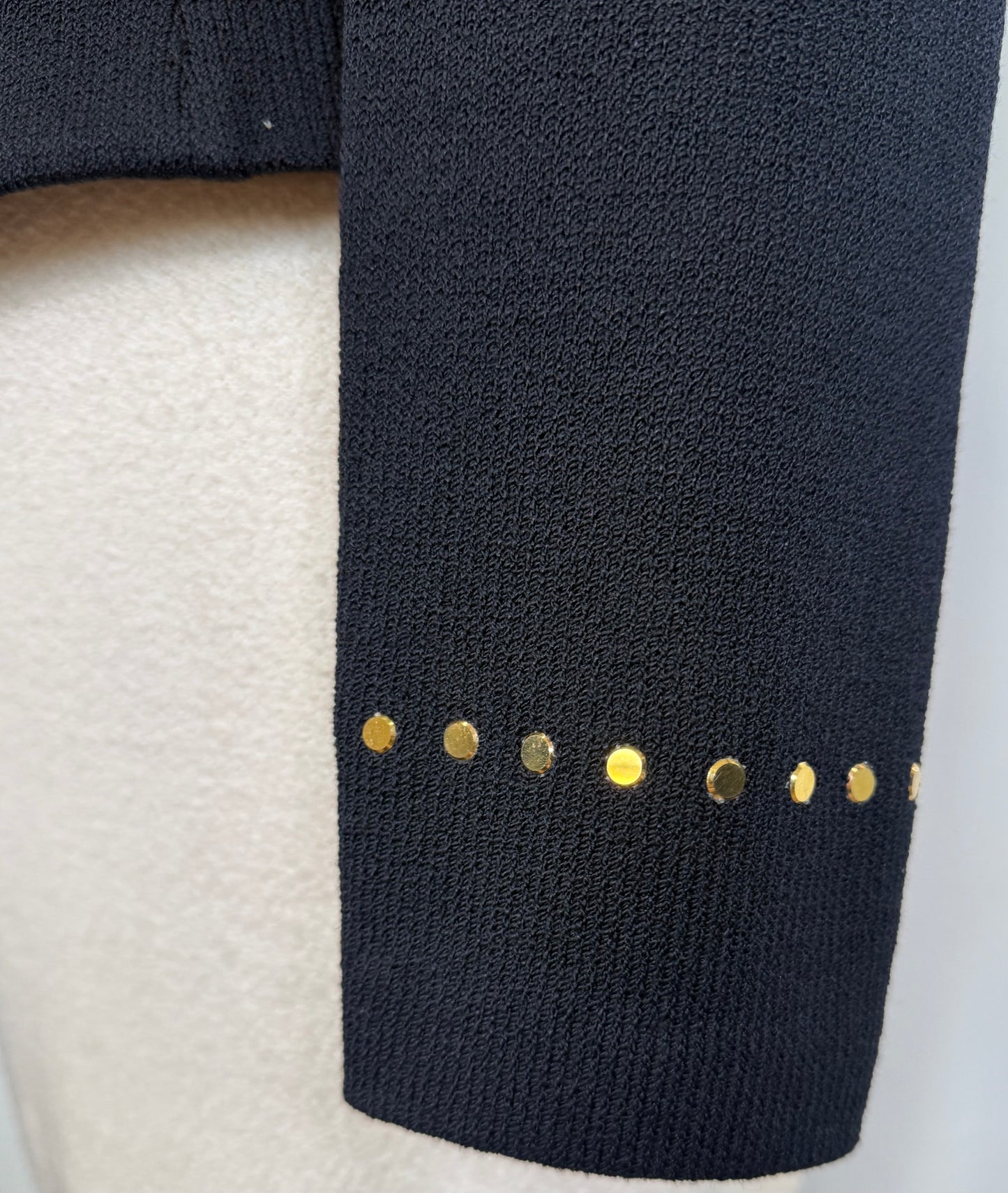 St. John Black Santana Knit Evening Jacket – Gold Circle Paillettes – Size 14