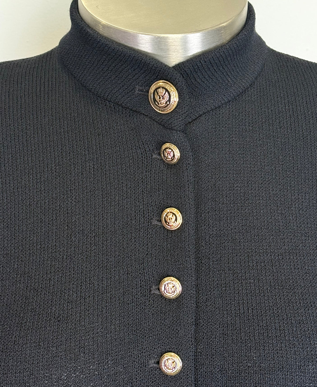 St. John Black Santana Knit Long Jacket – Gold & Black Crest Buttons – Size 10