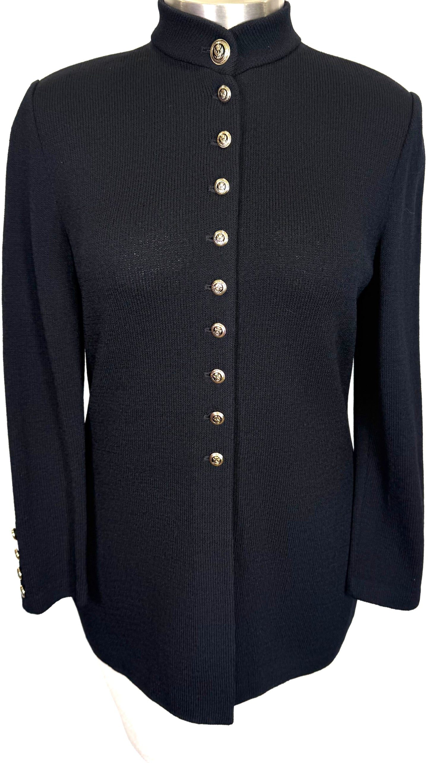 St. John Black Santana Knit Long Jacket – Gold & Black Crest Buttons – Size 10