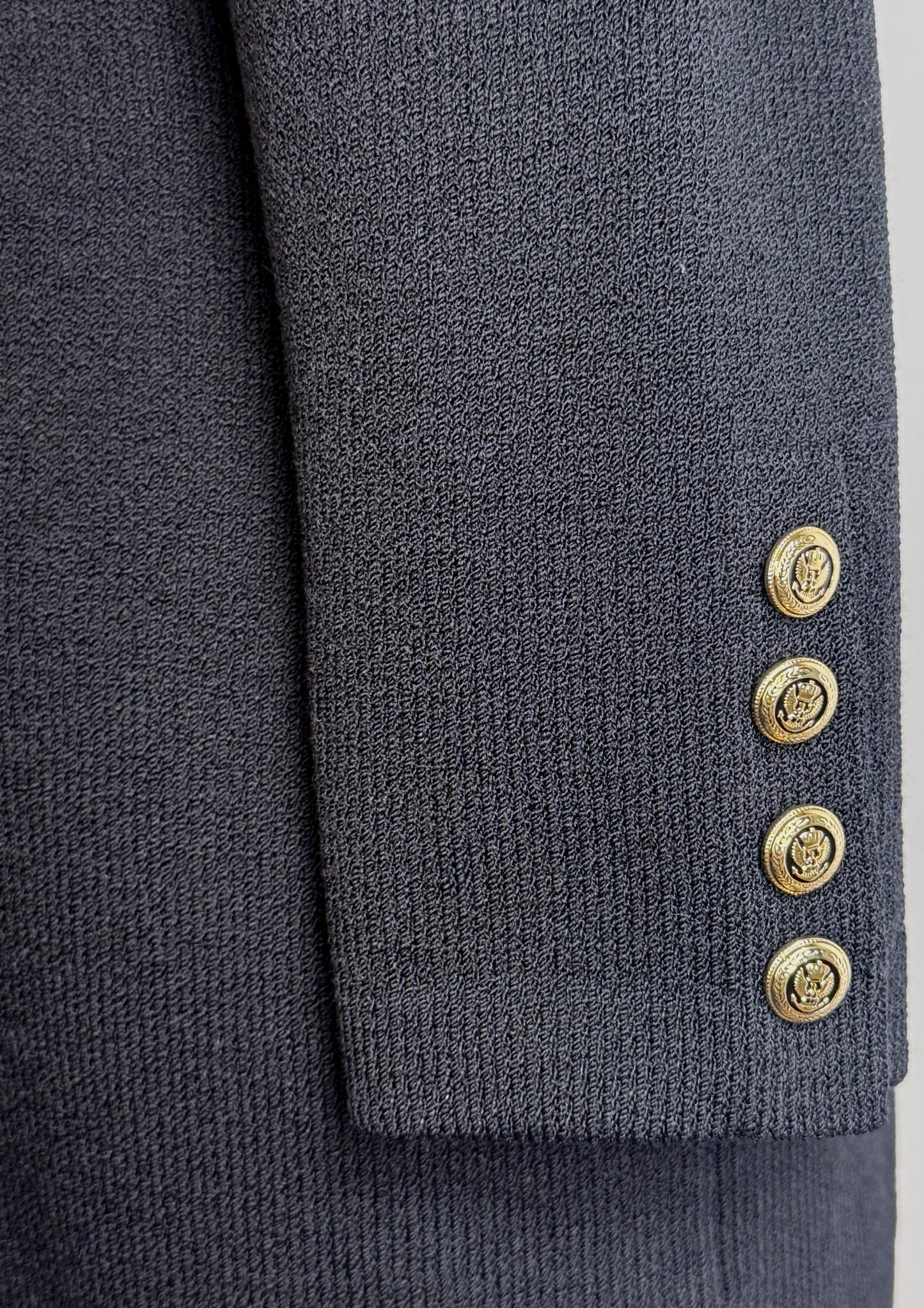 St. John Black Santana Knit Long Jacket – Gold & Black Crest Buttons – Size 10
