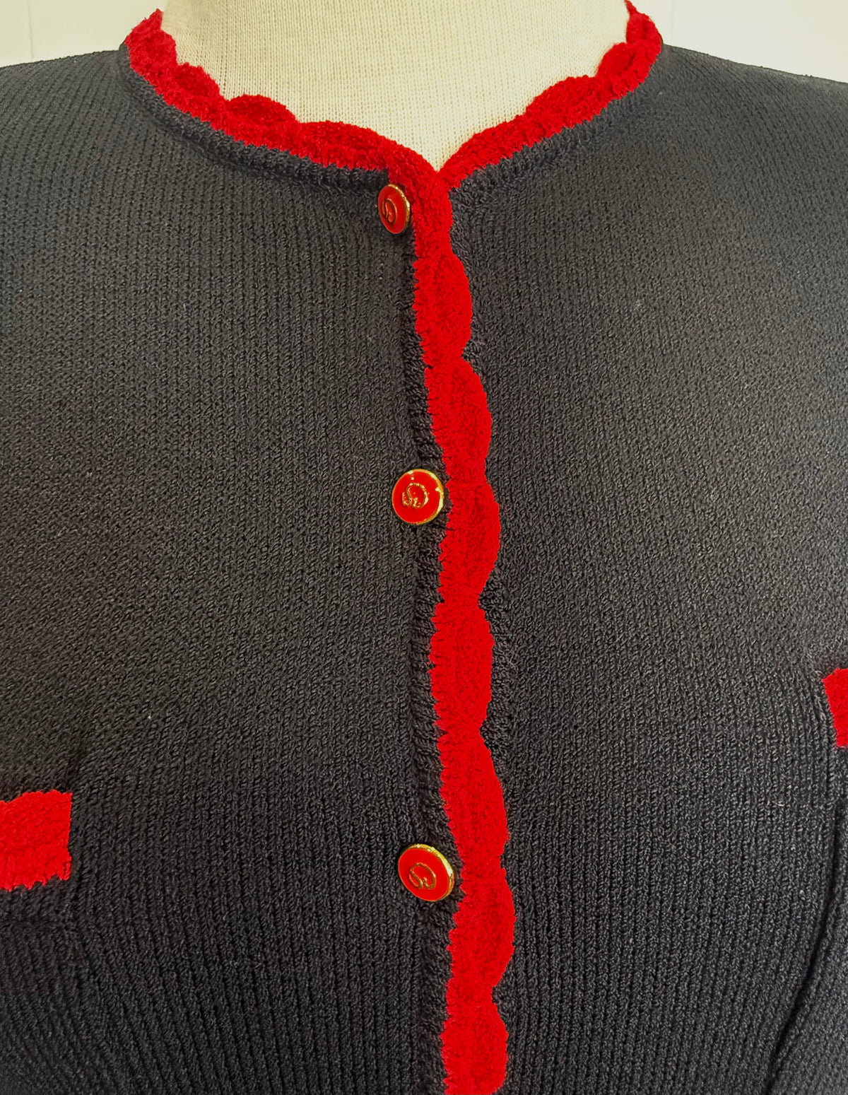 St. John Black Santana Knit Long Jacket – Red Scallop Trim & Logo Buttons – Size 8