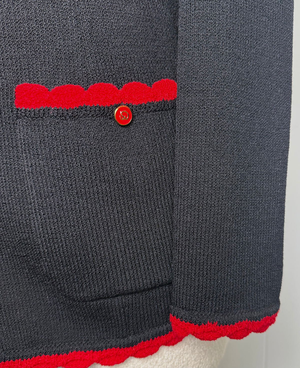 St. John Black Santana Knit Long Jacket – Red Scallop Trim & Logo Buttons – Size 8