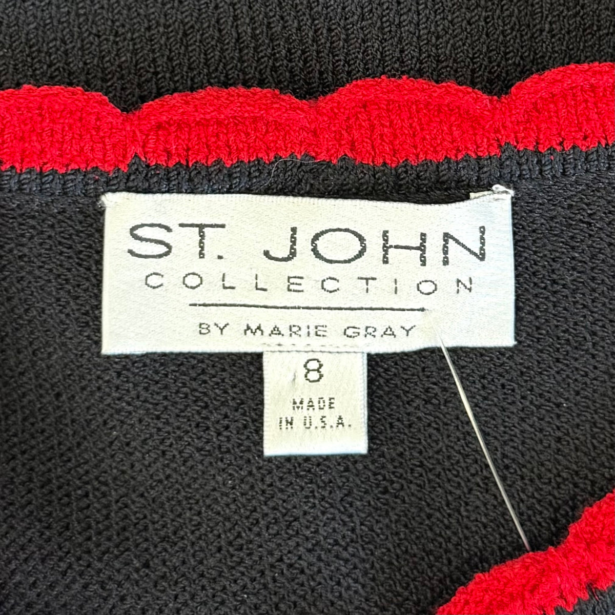 St. John Black Santana Knit Long Jacket – Red Scallop Trim & Logo Buttons – Size 8