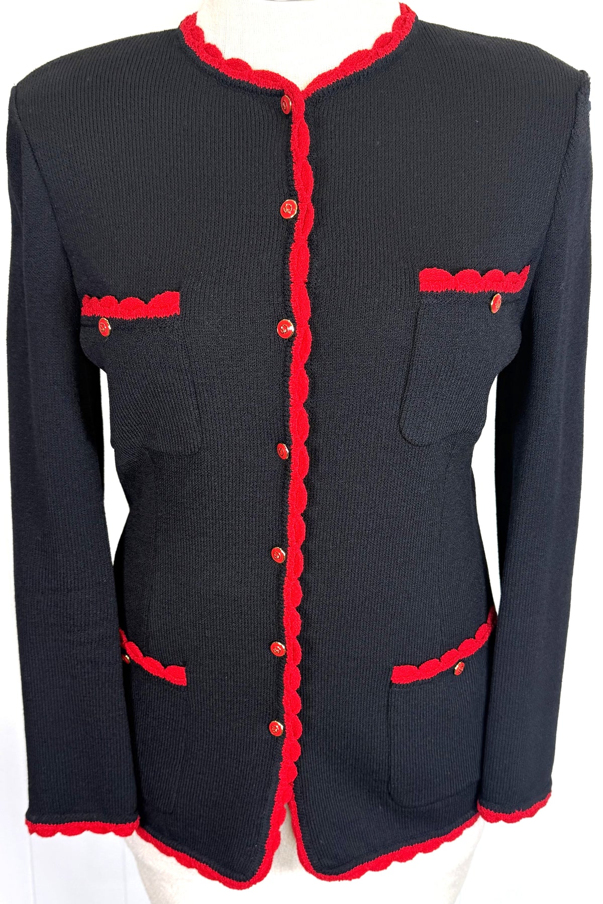St. John Black Santana Knit Long Jacket – Red Scallop Trim & Logo Buttons – Size 8