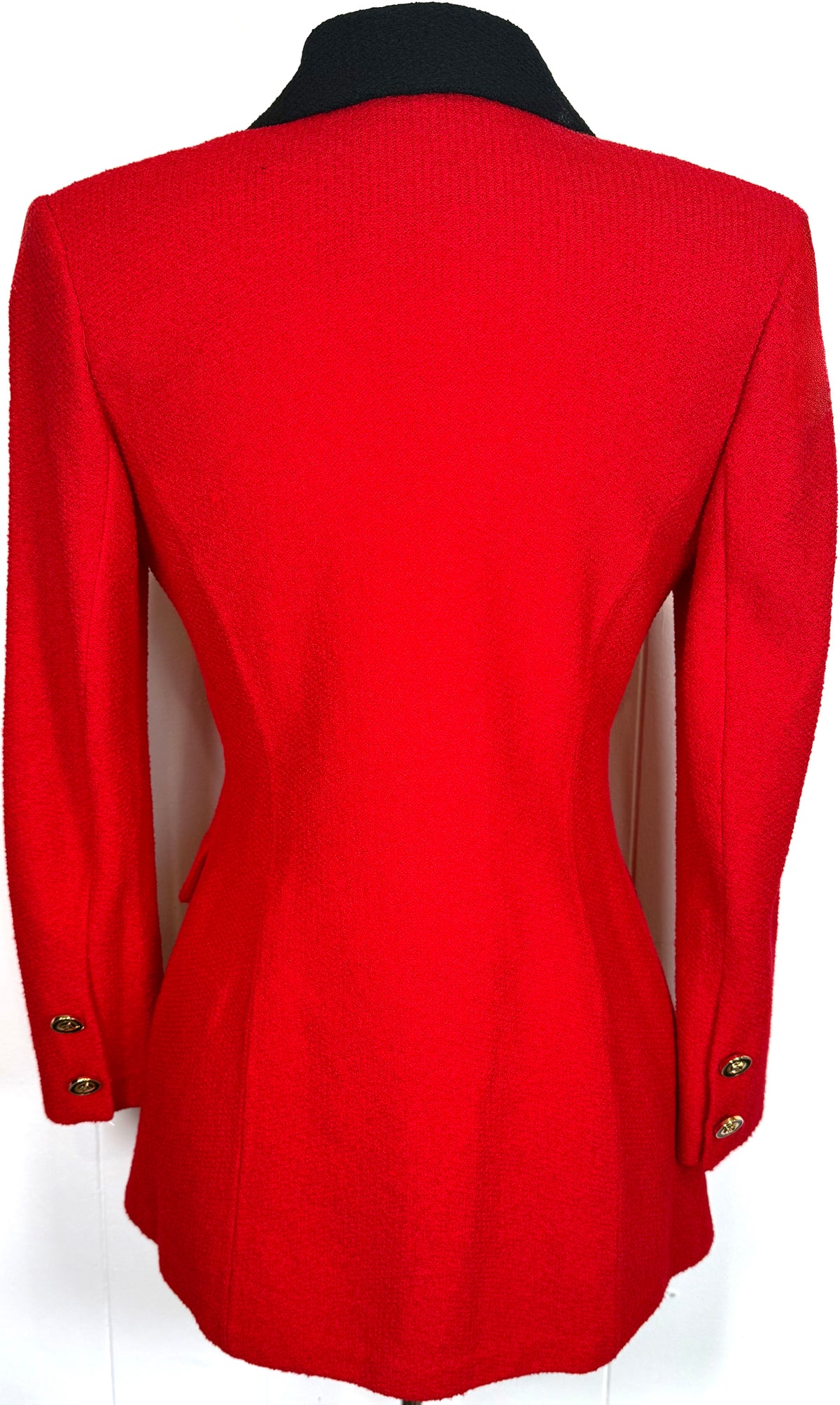 St. John Red Textured Santana Knit Jacket – Black Lapel & Gold Logo Buttons – Size 2