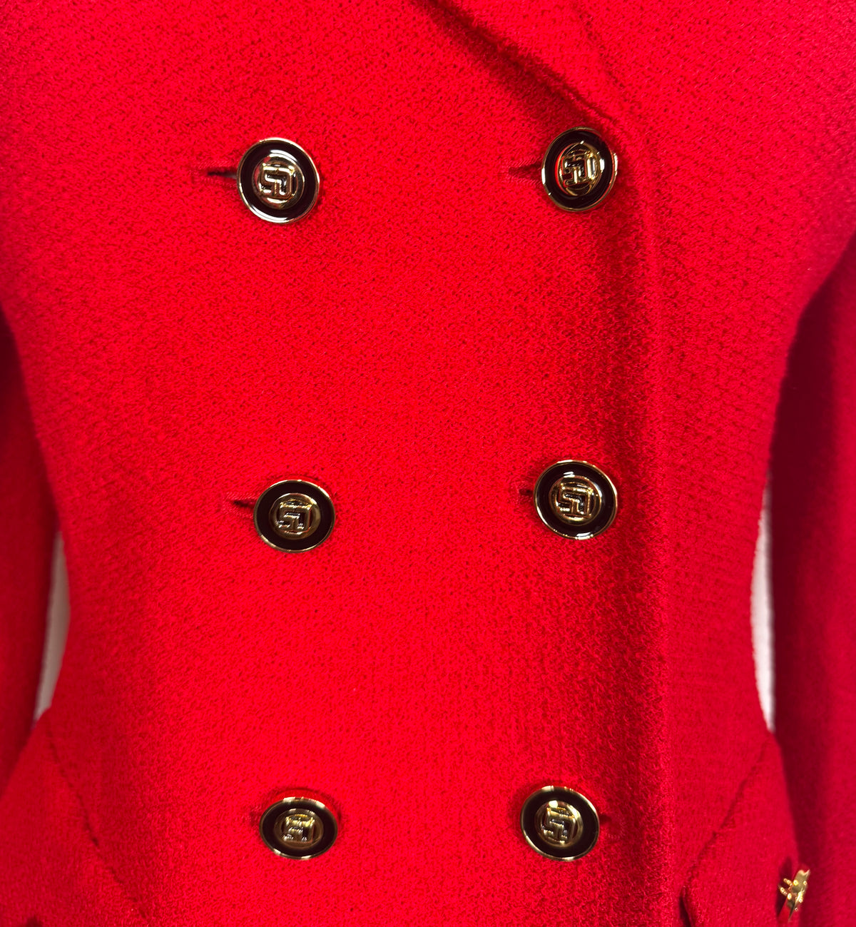 St. John Red Textured Santana Knit Jacket – Black Lapel & Gold Logo Buttons – Size 2