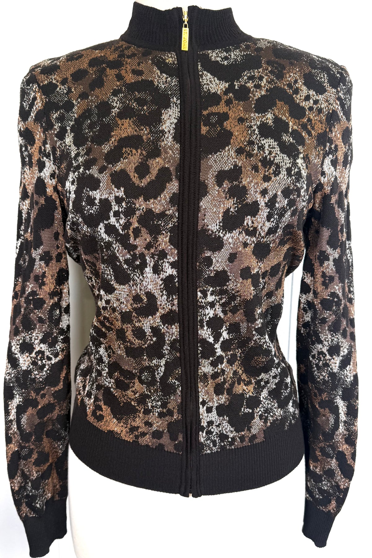St. John Brown & White Animal Print Jacket – Logo Zipper Pull – Size S