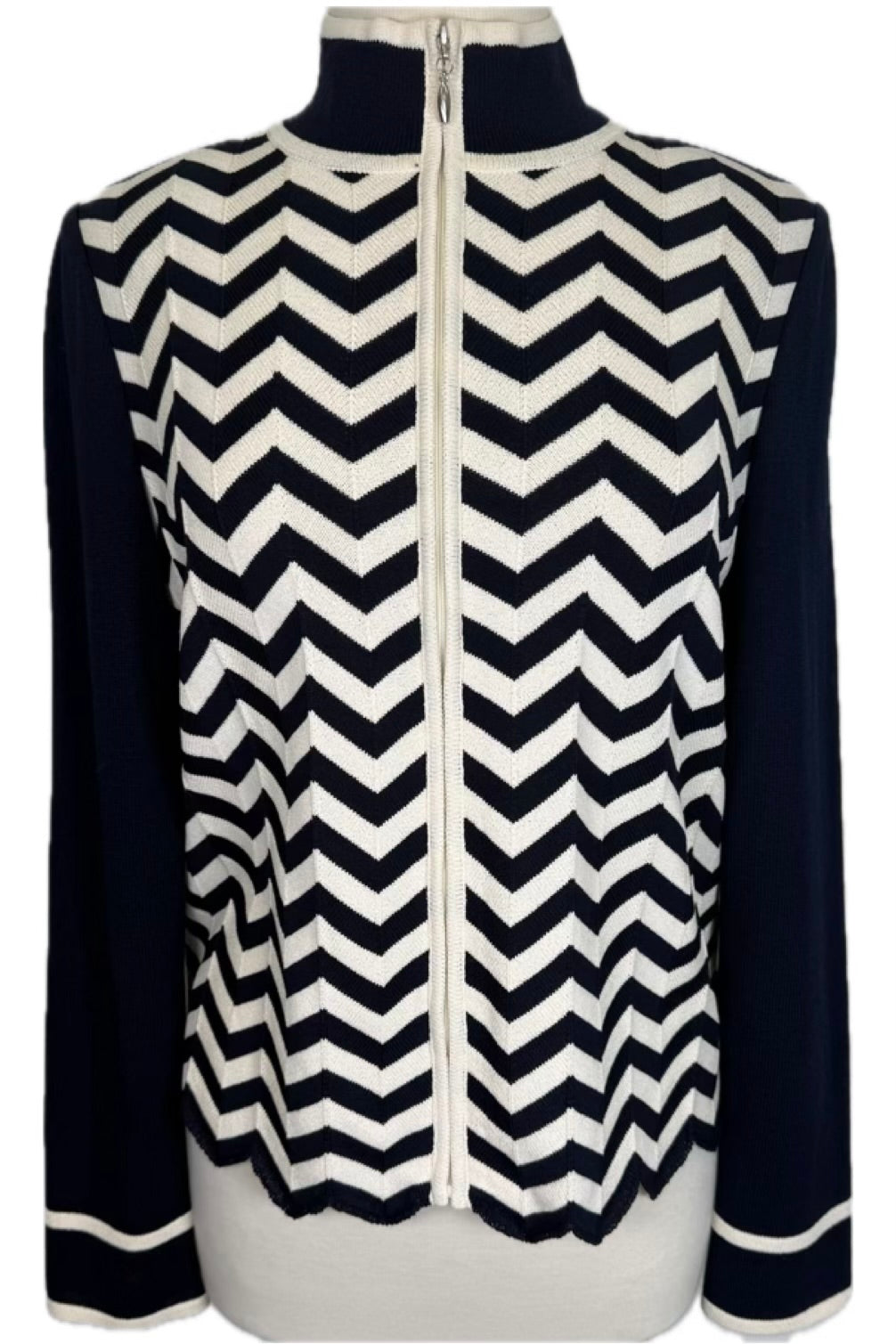 St. John Navy Santana Knit Jacket – White Design & Scalloped Hem – Size 8