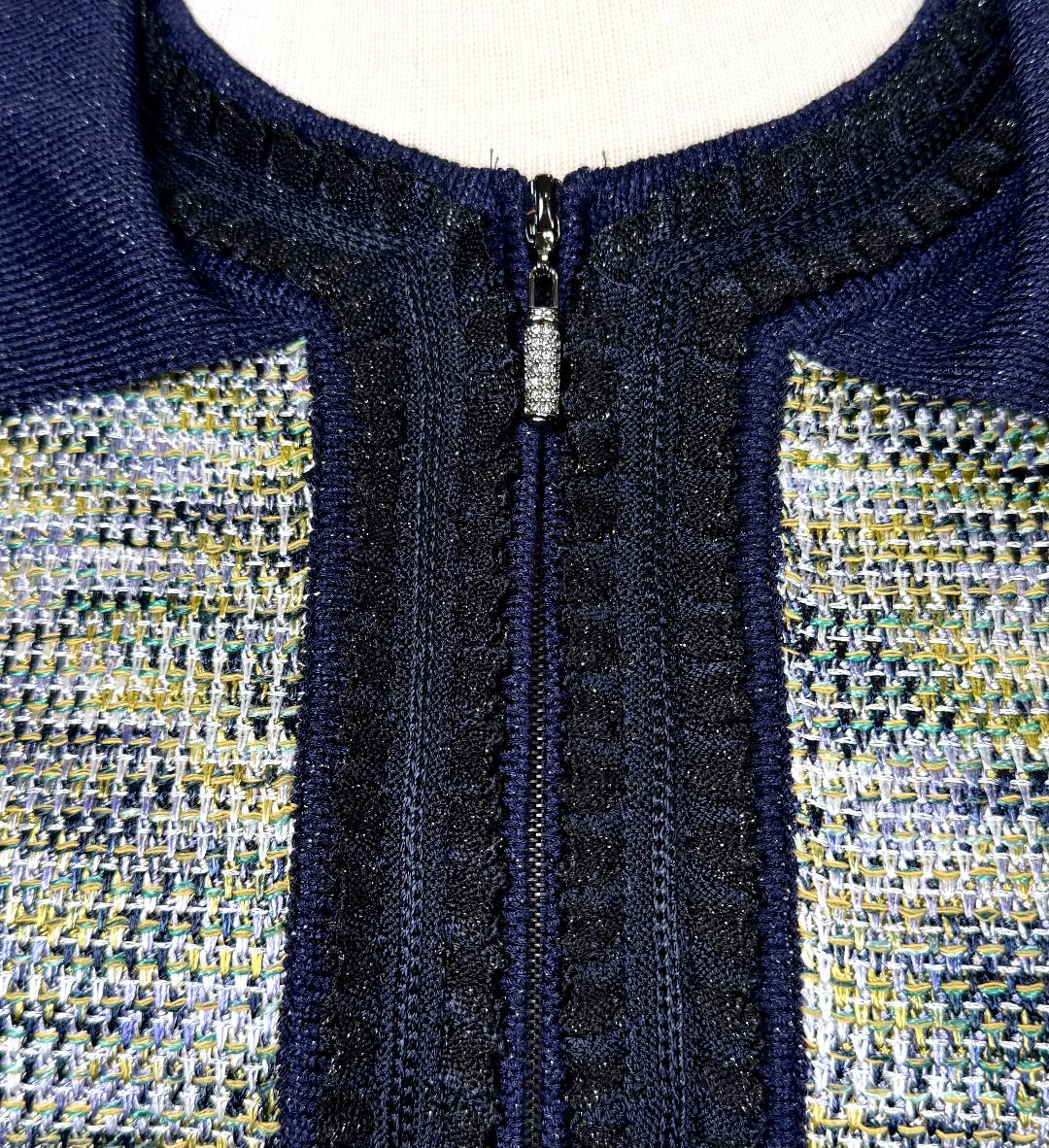 St. John Couture Multi-Color Rayon Wool Knit Jacket – Blue Crystal Buttons & Black Trim – Size 8