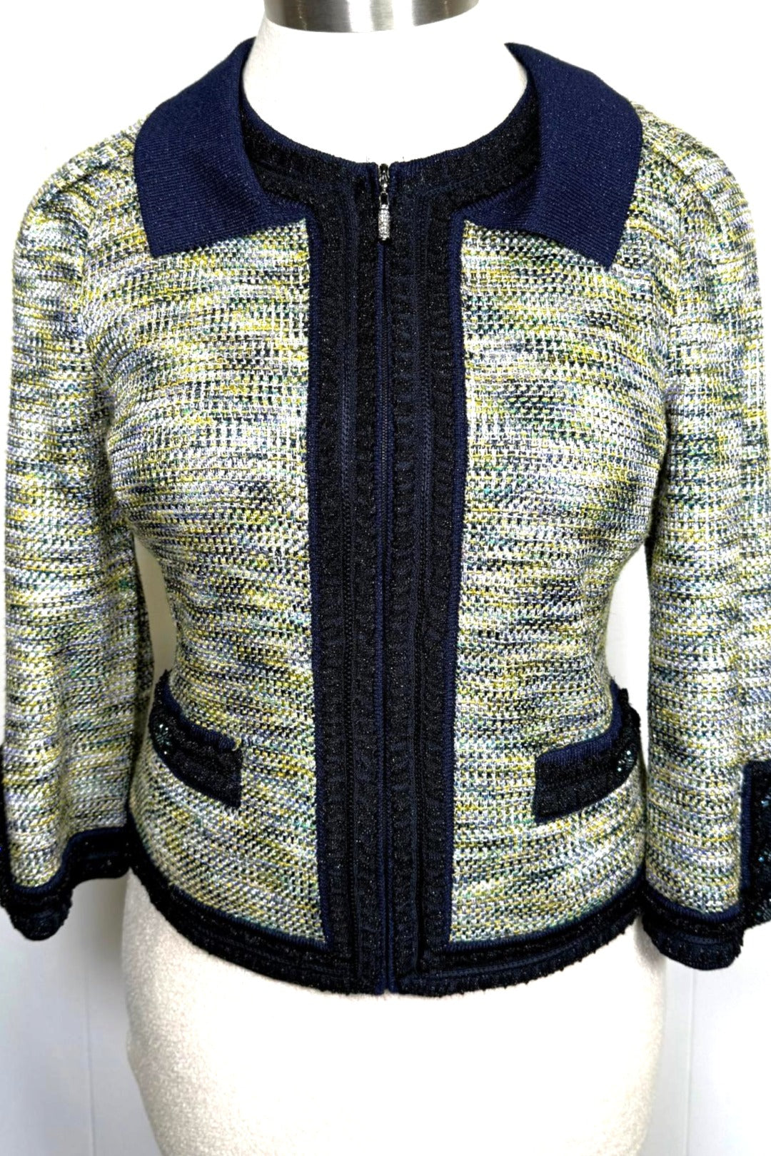 St. John Couture Multi-Color Rayon Wool Knit Jacket – Blue Crystal Buttons & Black Trim – Size 8