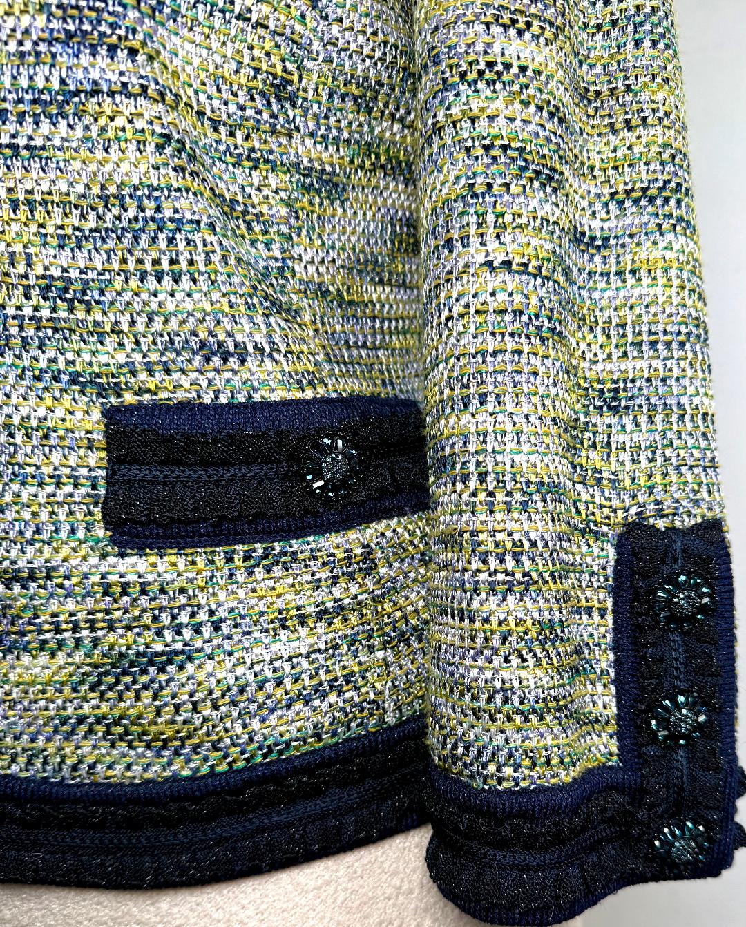 St. John Couture Multi-Color Rayon Wool Knit Jacket – Blue Crystal Buttons & Black Trim – Size 8