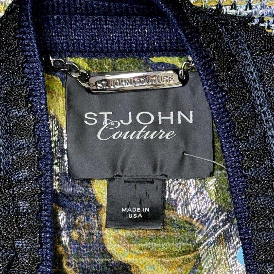 St. John Couture Multi-Color Rayon Wool Knit Jacket – Blue Crystal Buttons & Black Trim – Size 8