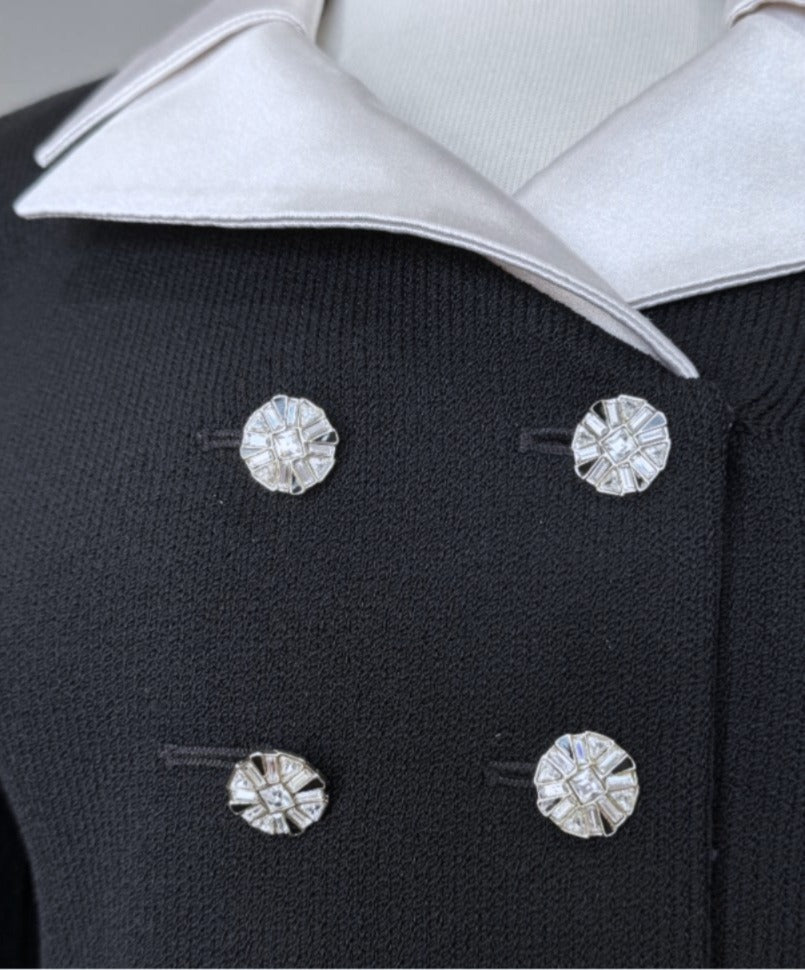 St. John Black Santana Knit Evening Jacket – White Silk Collar & Crystal Buttons - Size 2