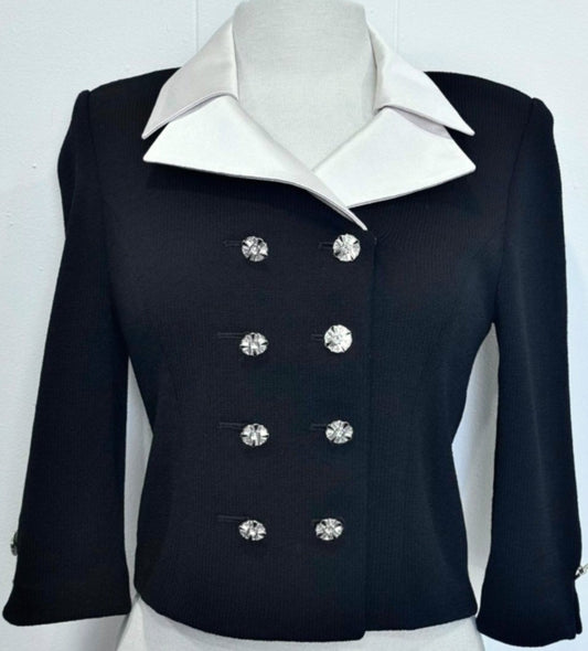 St. John Evening Double Breasted Black Jacket with White Silk Collar Size 2