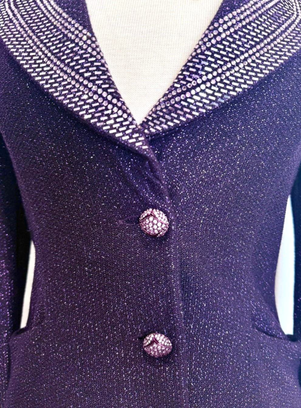 St. John Long Evening Jacket – Purple Santana Knit with Metallic Thread, Paillettes, and Pockets - Size 2