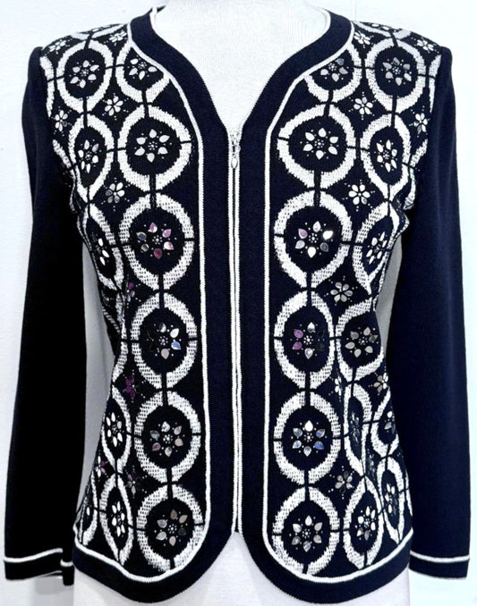 St. John Evening Black Zip Jacket with Silver Paillettes Size 2