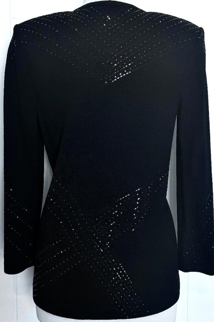 St. John Black Santana Knit Evening Jacket – Geometric Paillette Design & Loop Button Closure - Size 2