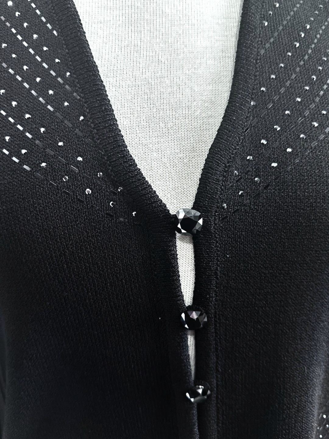 St. John Black Santana Knit Evening Jacket – Geometric Paillette Design & Loop Button Closure - Size 2