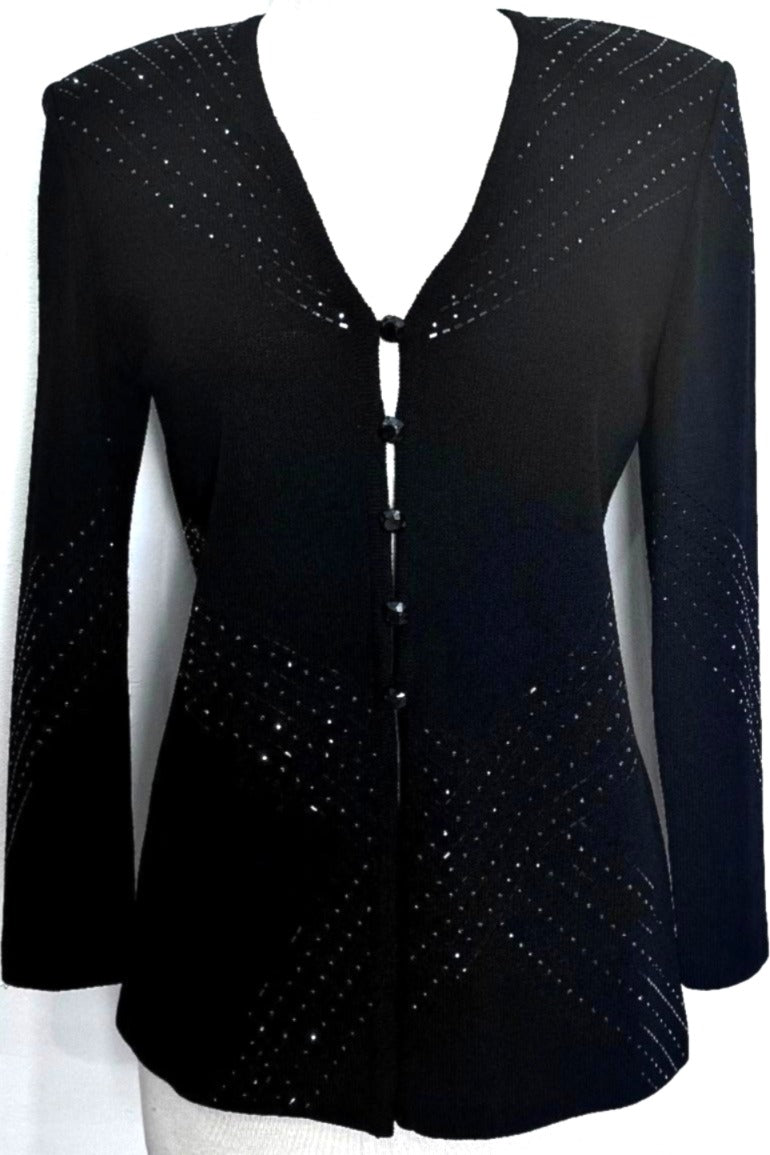 St. John Black Santana Knit Evening Jacket – Geometric Paillette Design & Loop Button Closure - Size 2