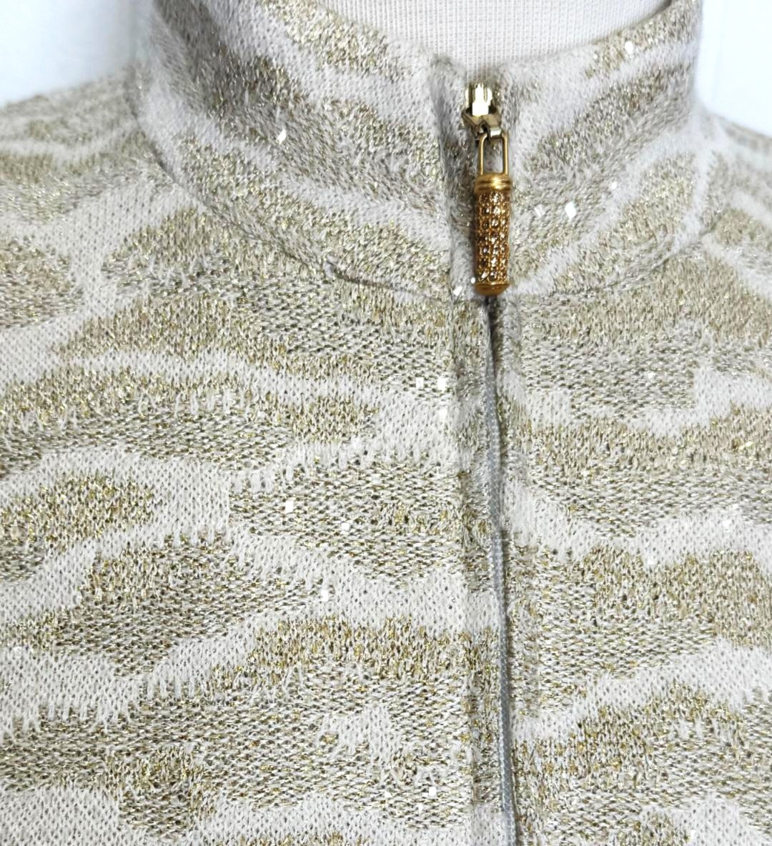 St. John Gold & Off-White Evening Jacket – Mandarin Collar & Crystal Zipper Pull - Size 6 - NWT