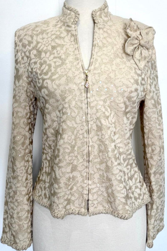 St. John Beige & Gold Novelty Yarn Evening Jacket – Paillettes, Mandarin Collar & Matching Knit Flower Pin - Size 6