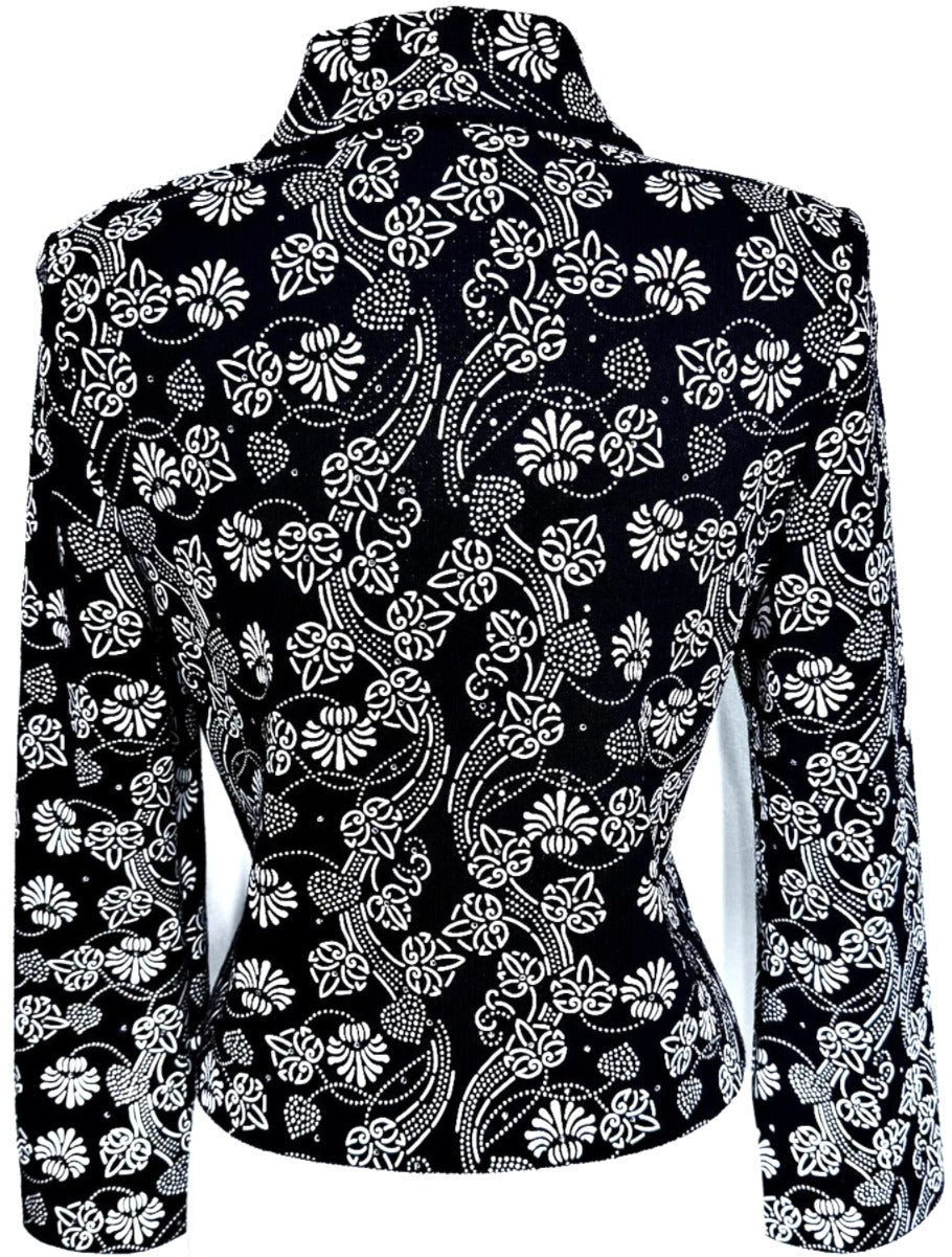 St. John Black Santana Knit Evening Jacket – White Floral Appliqués & Crystal Accents - Size 4