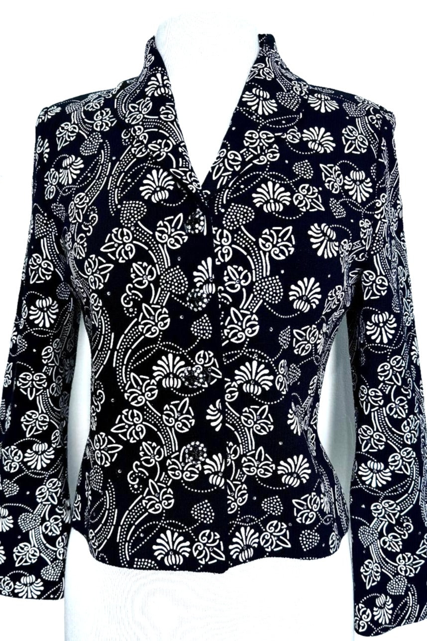 St. John Black Santana Knit Evening Jacket – White Floral Appliqués & Crystal Accents - Size 4