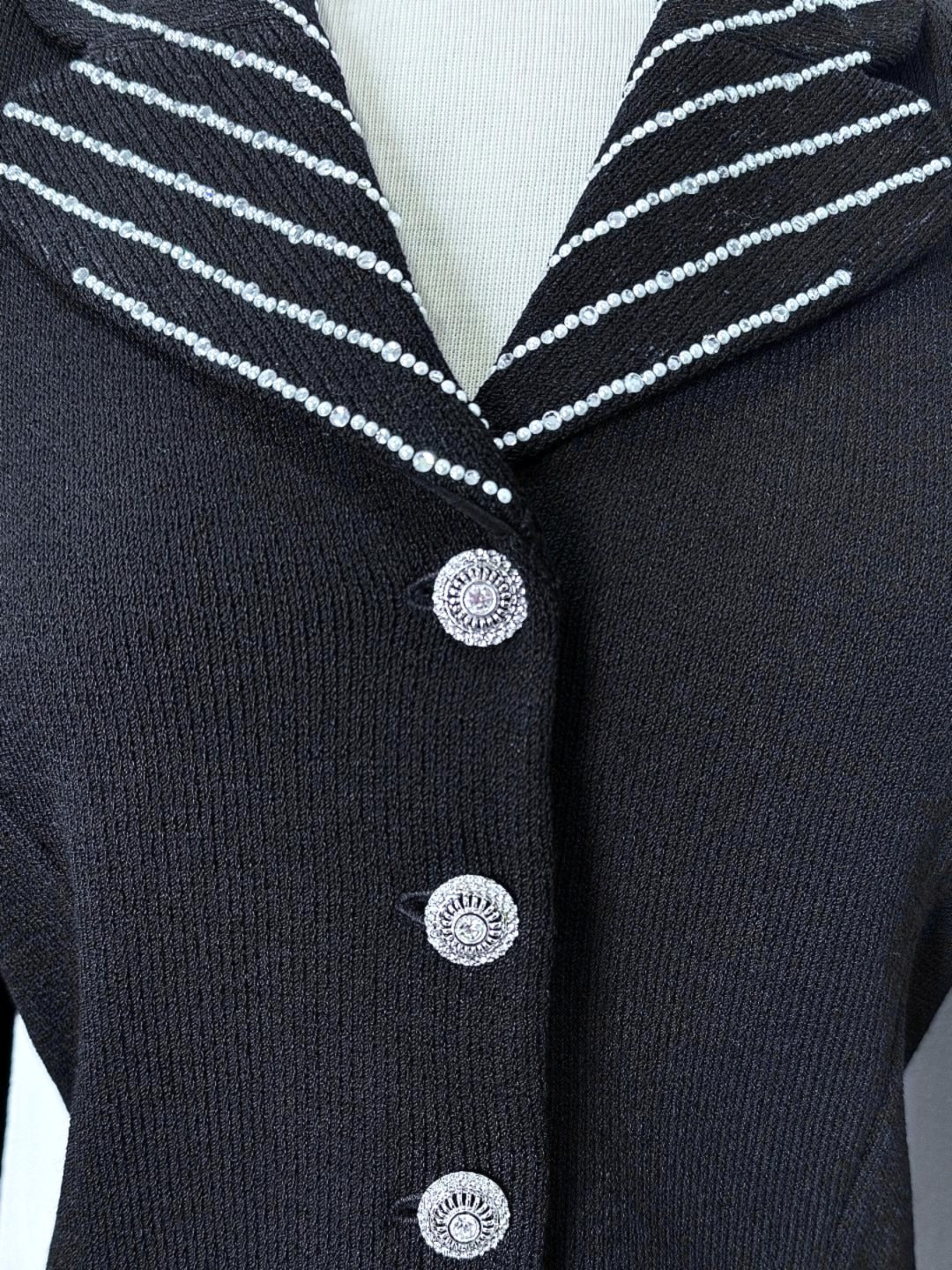 St. John Black Santana Knit Evening Jacket – Crystal & Pearl Paillettes with Elegant Detailing - Size 6