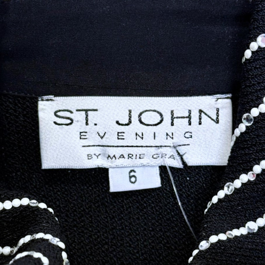 St. John Black Santana Knit Evening Jacket – Crystal & Pearl Paillettes with Elegant Detailing - Size 6
