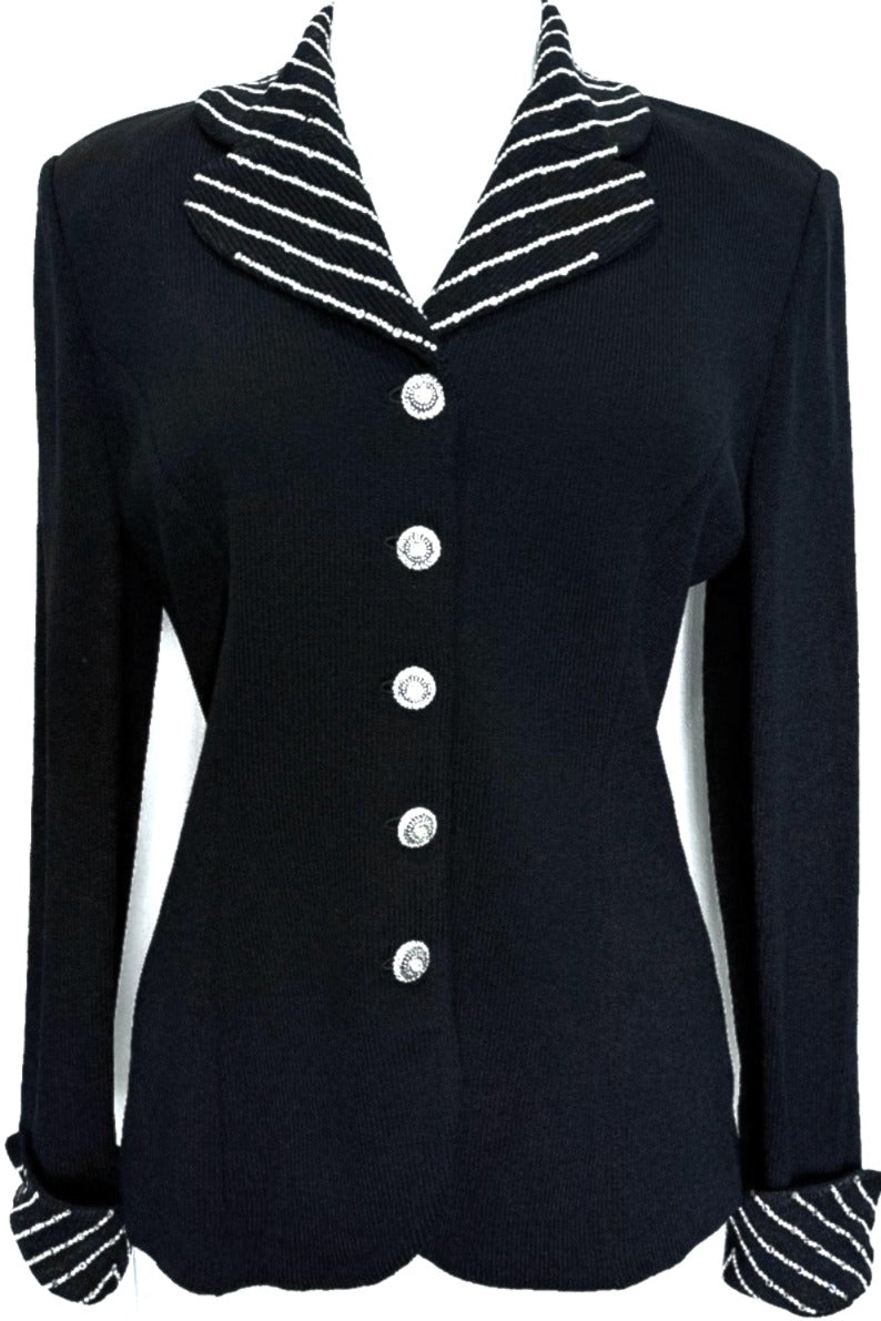 St. John Black Santana Knit Evening Jacket – Crystal & Pearl Paillettes with Elegant Detailing - Size 6