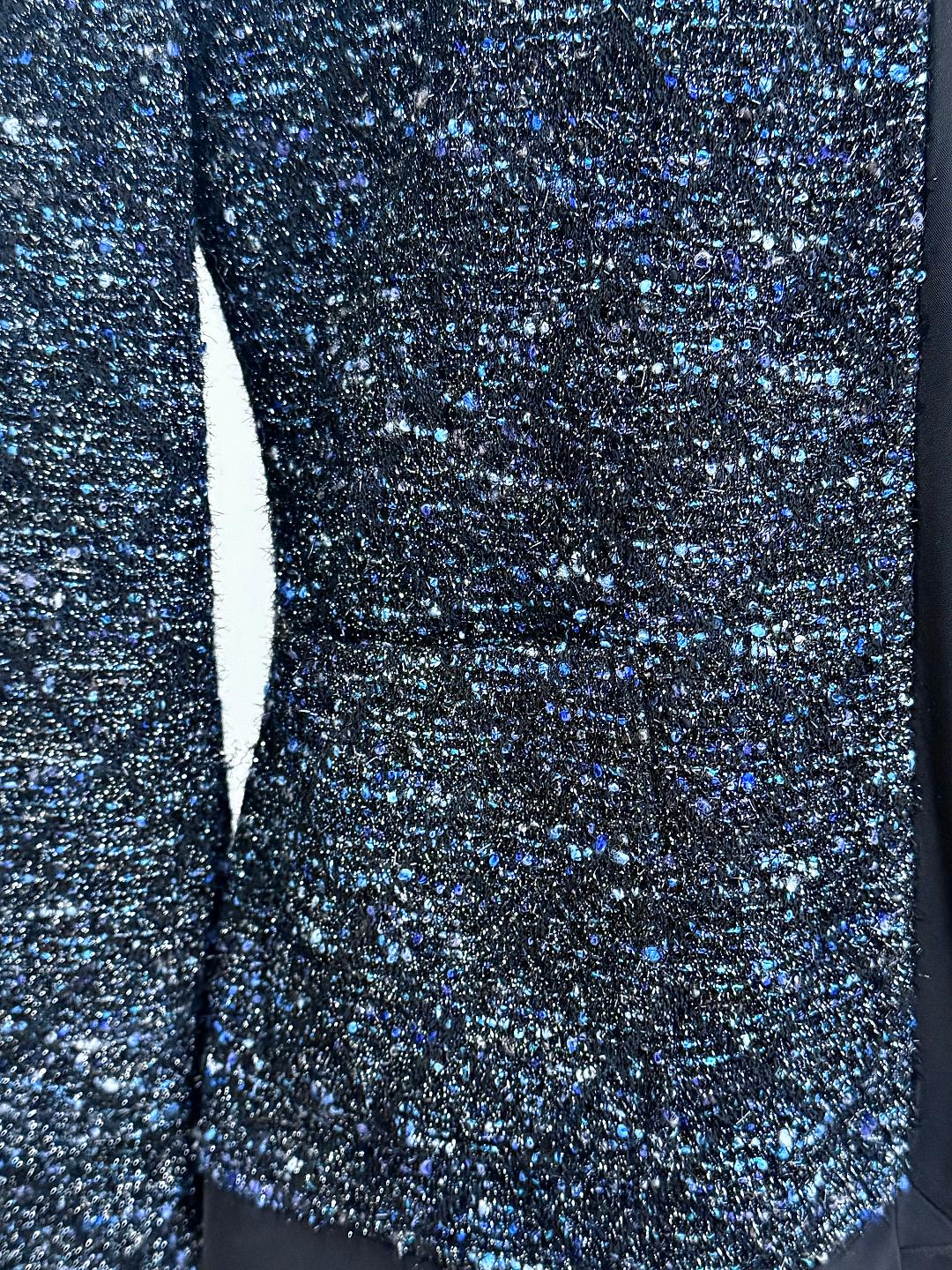 St. John Multicolor Open Jacket – Black, Blue & Silver with Silk Trim - Size 6