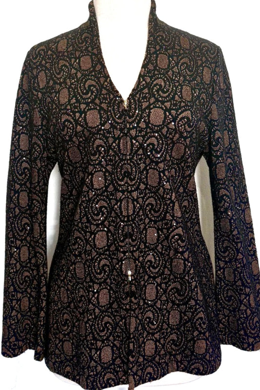 St. John Black & Brown Evening Jacket – Paillette Embellishments & Double Zipper Closure - Size 8
