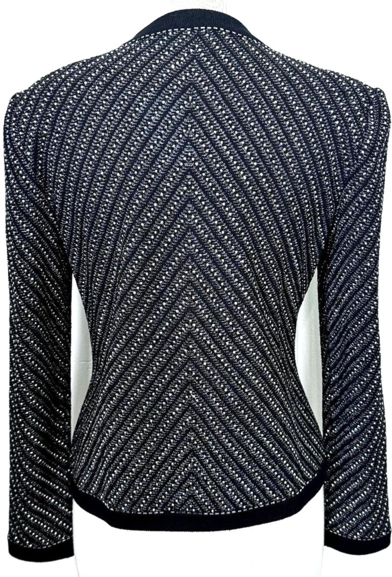 St. John Black Santana Knit Evening Jacket – Silver Metallic & Paillette Studded Design - Size 8