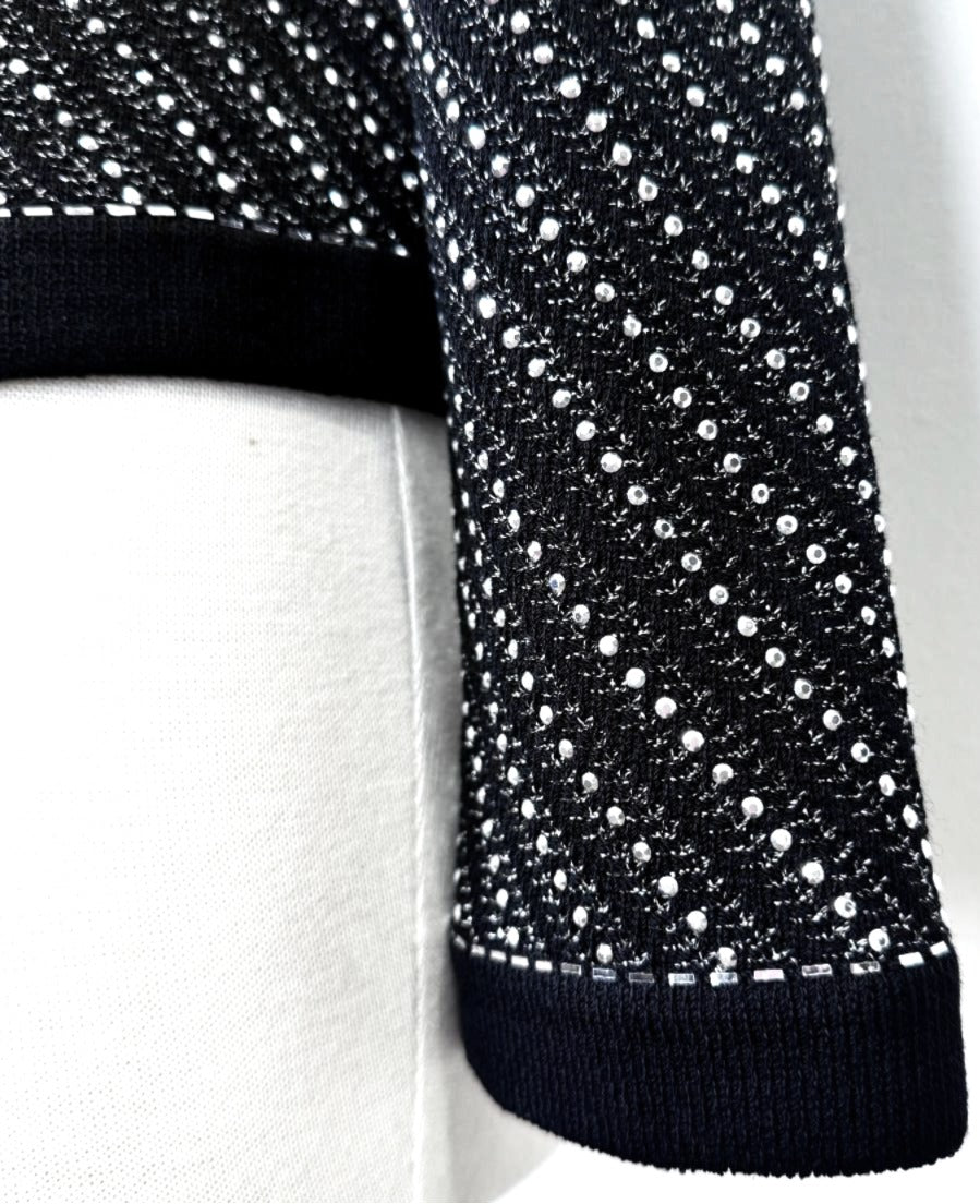 St. John Black Santana Knit Evening Jacket – Silver Metallic & Paillette Studded Design - Size 8