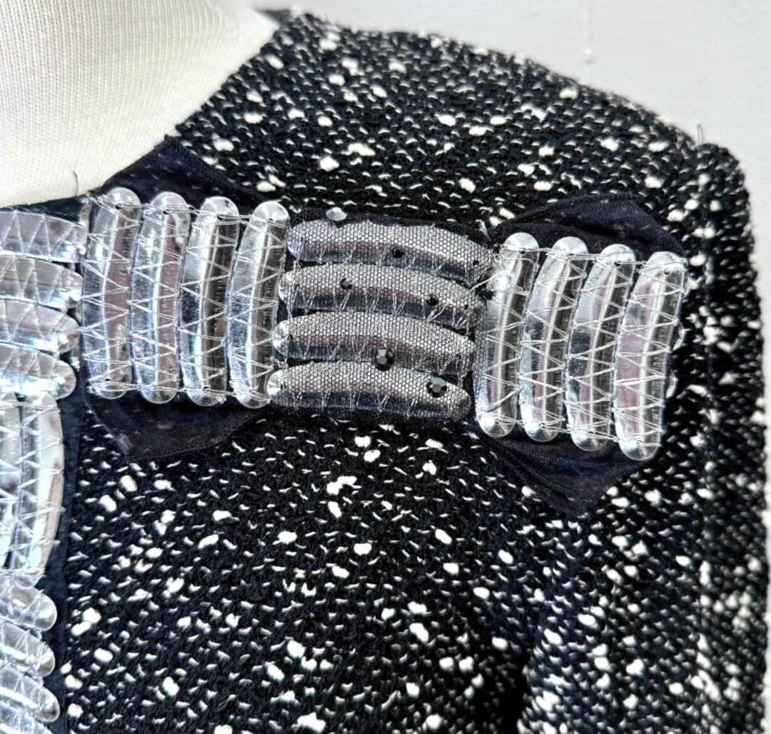 St. John Textured Evening Jacket – Silver Embellishments & Crystal Zipper Pull - Size 6