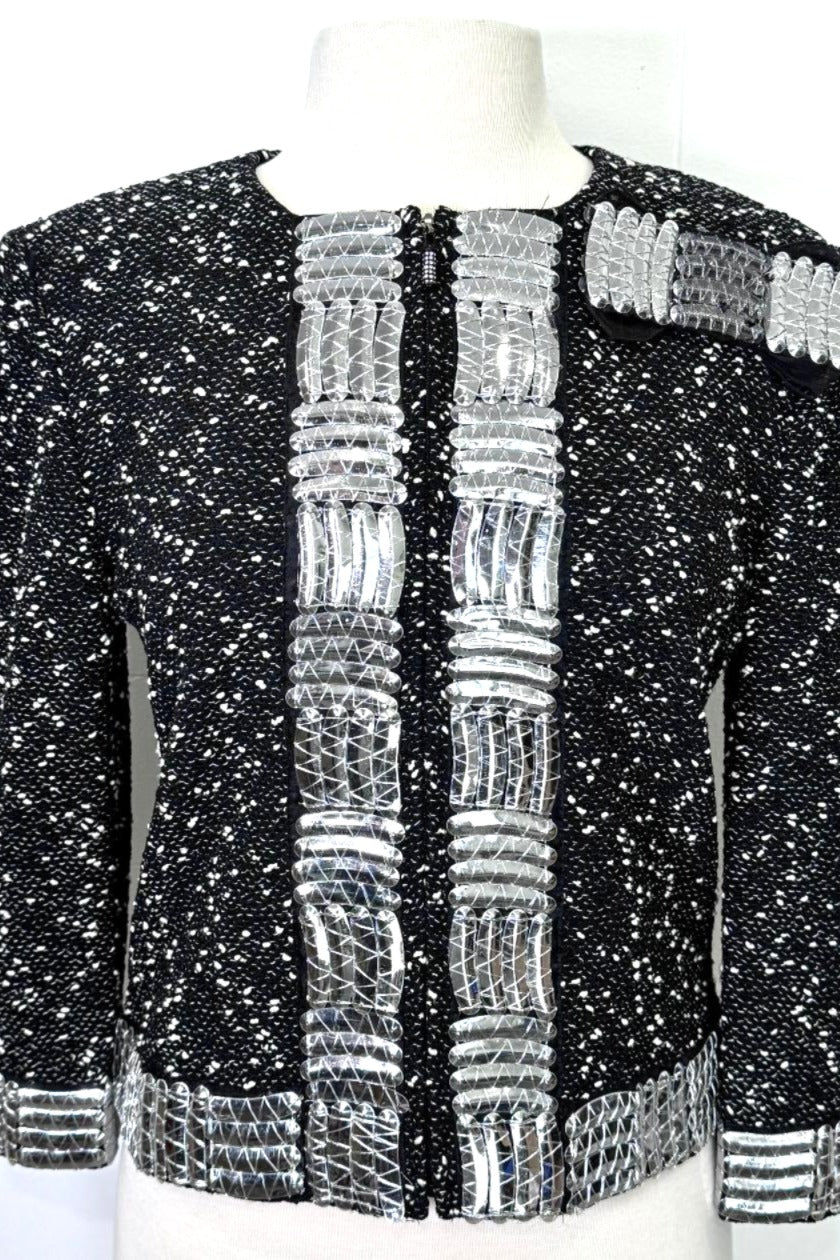 St. John Textured Evening Jacket – Silver Embellishments & Crystal Zipper Pull - Size 6
