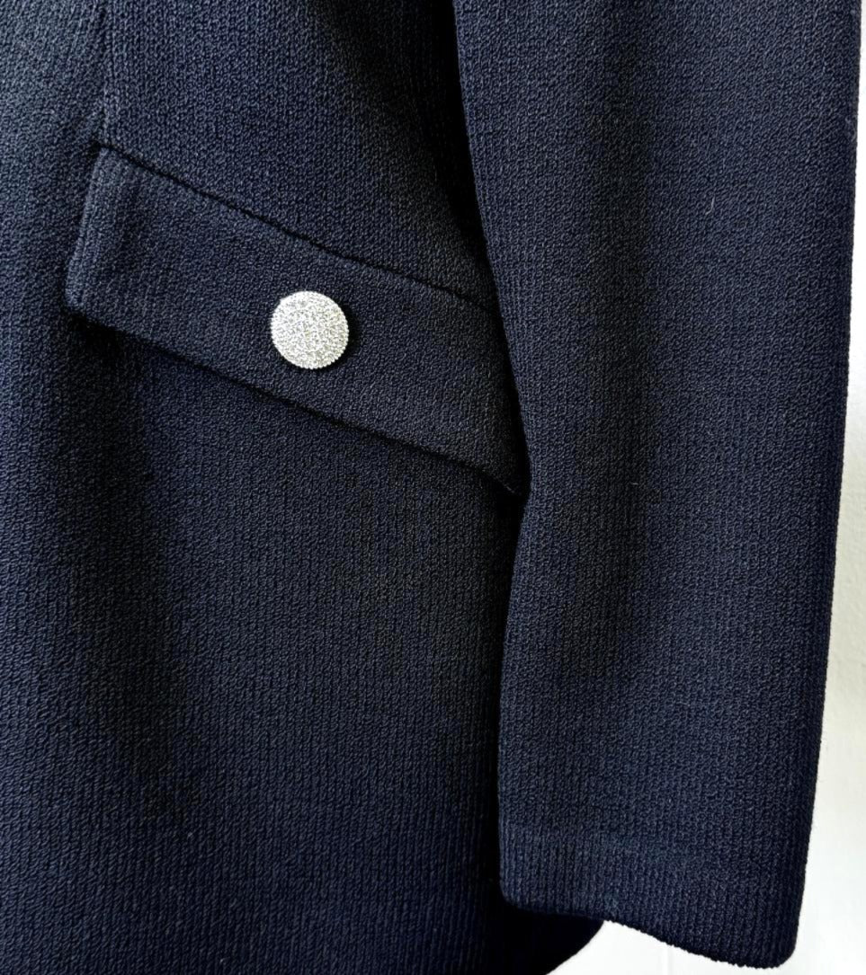 St. John Black Santana Knit Long Evening Jacket – Silver Crystal Paillette crystal buttons size 8