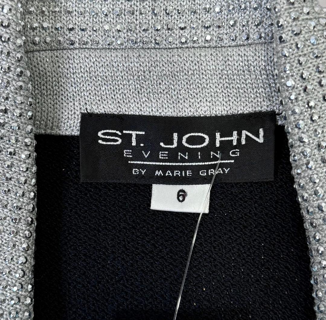 St. John Black Santana Knit Long Evening Jacket – Silver Crystal Paillette crystal buttons size 8