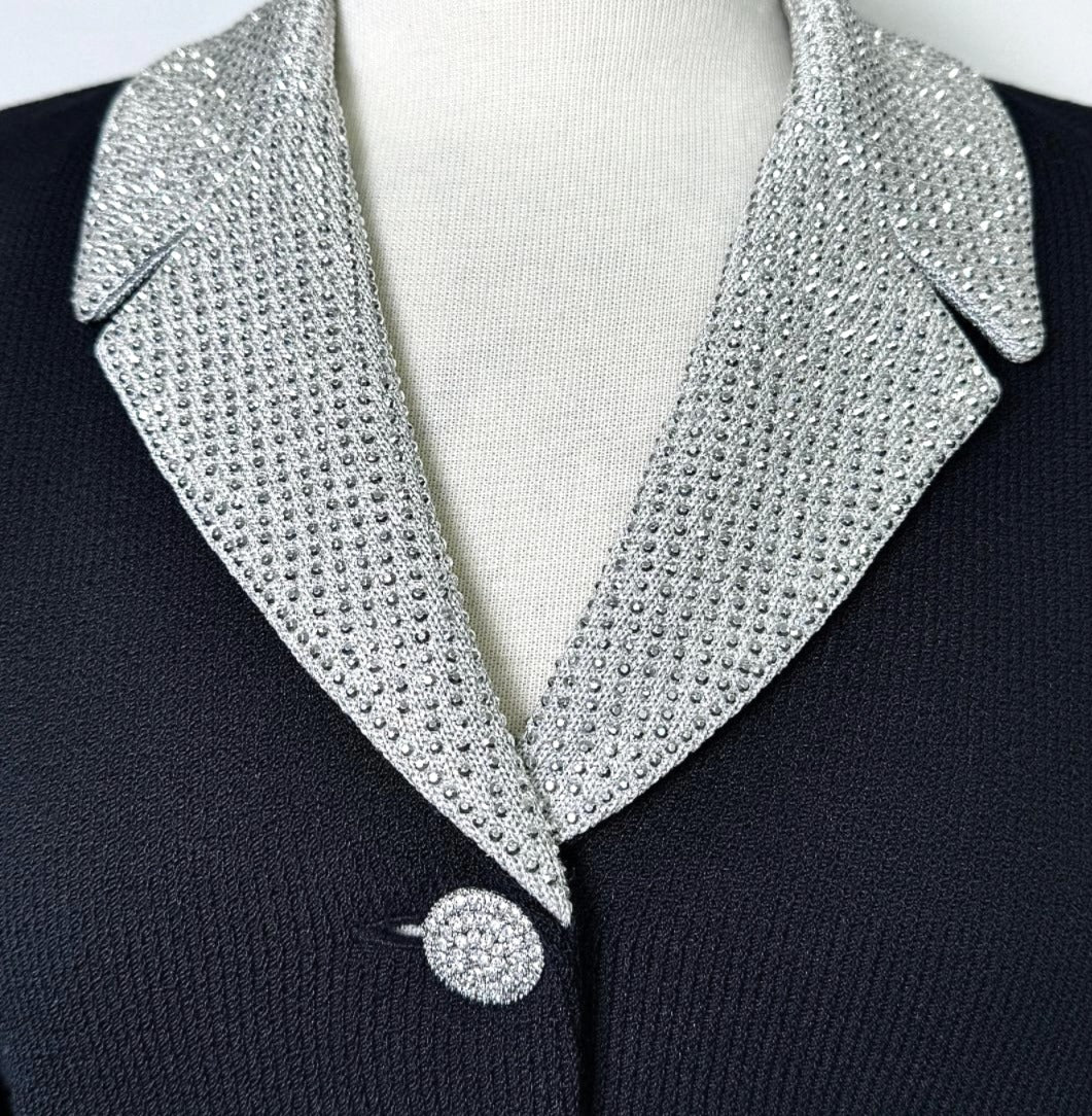 St. John Black Santana Knit Long Evening Jacket – Silver Crystal Paillette crystal buttons size 8