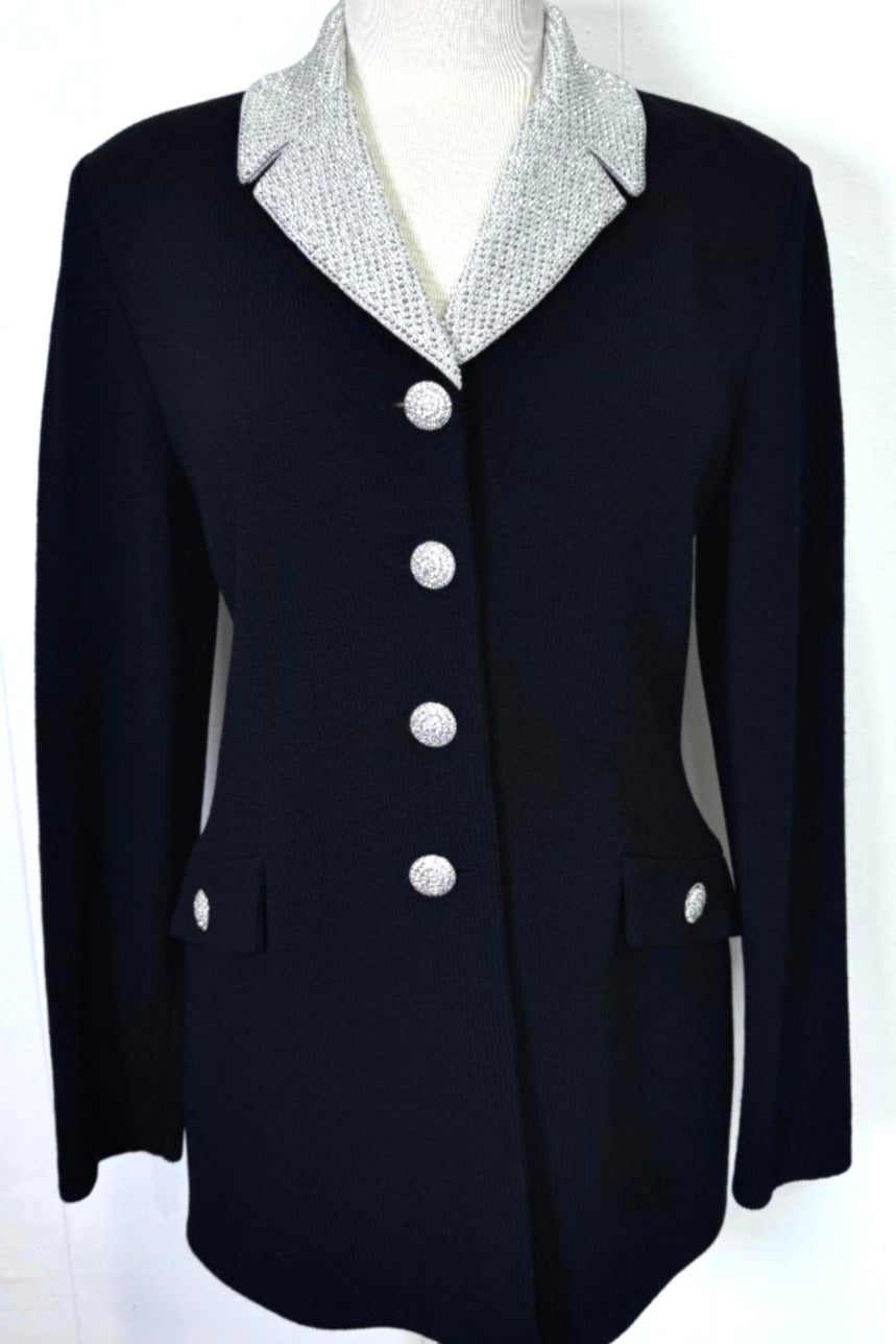 St. John Black Santana Knit Long Evening Jacket – Silver Crystal Paillette crystal buttons size 8