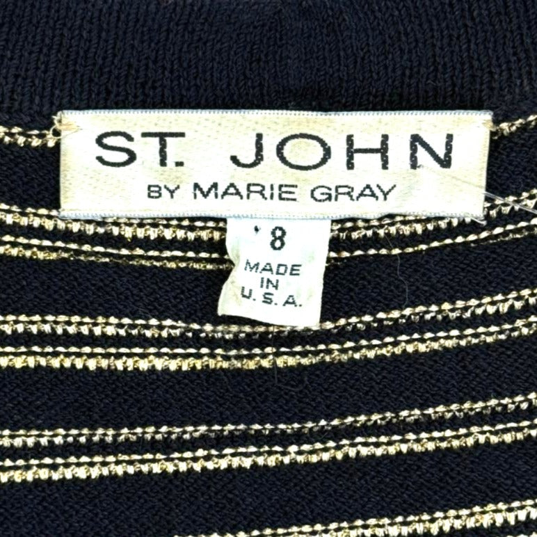 St. John Black Santana Knit Evening Jacket – Gold Yarn & Paillette Striped Design - Size 8