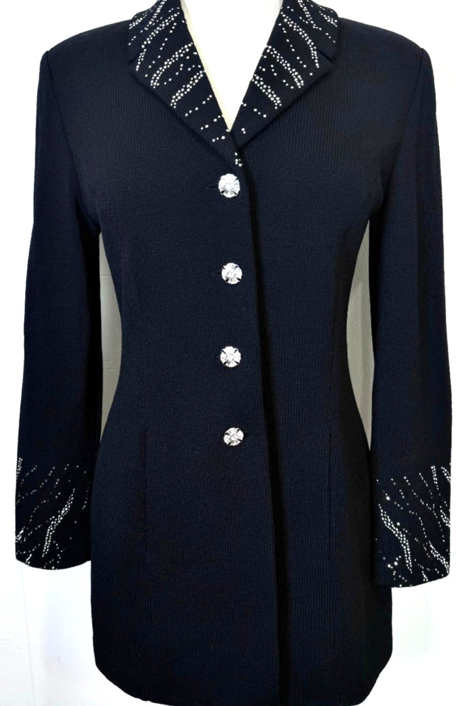 St. John Black Santana Knit Long Evening Jacket – Silver & Crystal Paillette Accents - Size 6