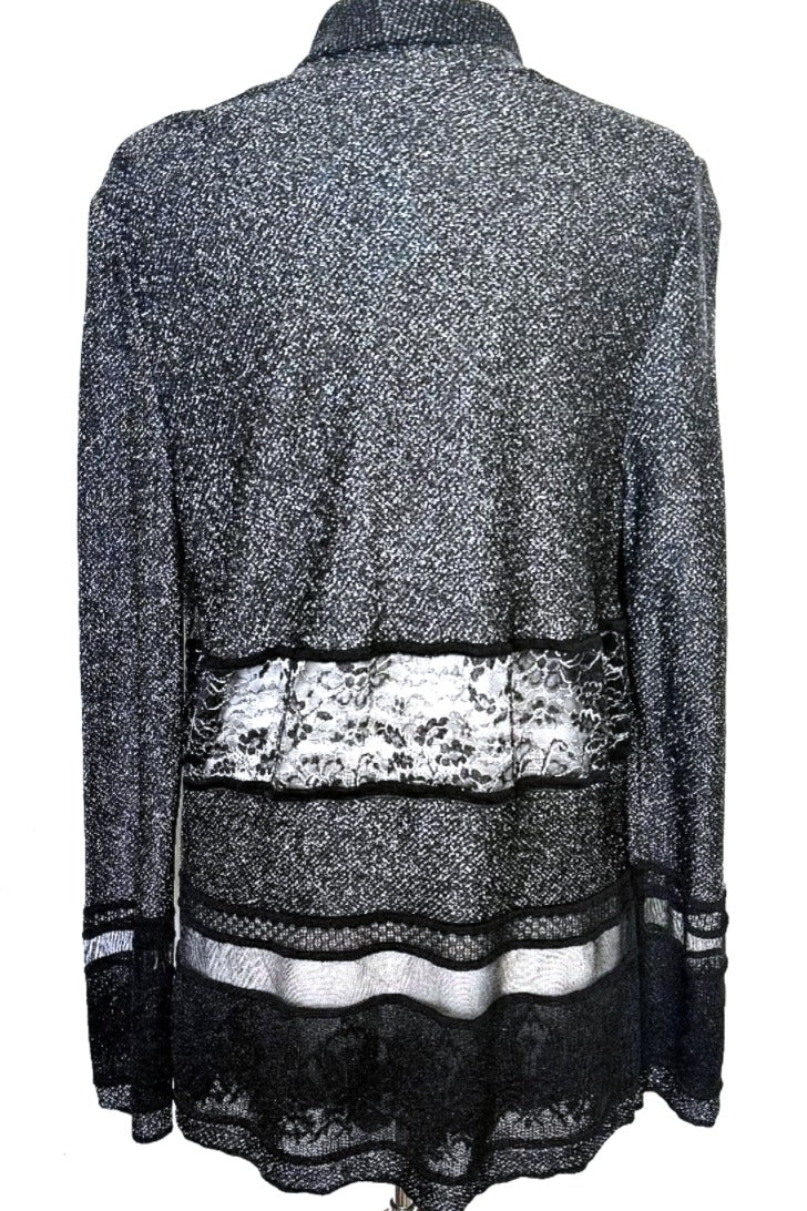 St. John Black & Silver Knit Lace Cardigan – Lightweight Open Front with Asymmetrical Hem - Size M