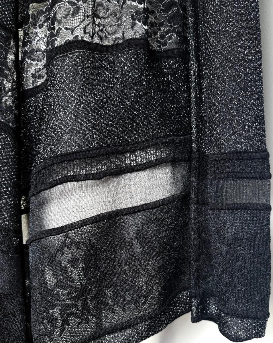 St. John Black & Silver Knit Lace Cardigan – Lightweight Open Front with Asymmetrical Hem - Size M