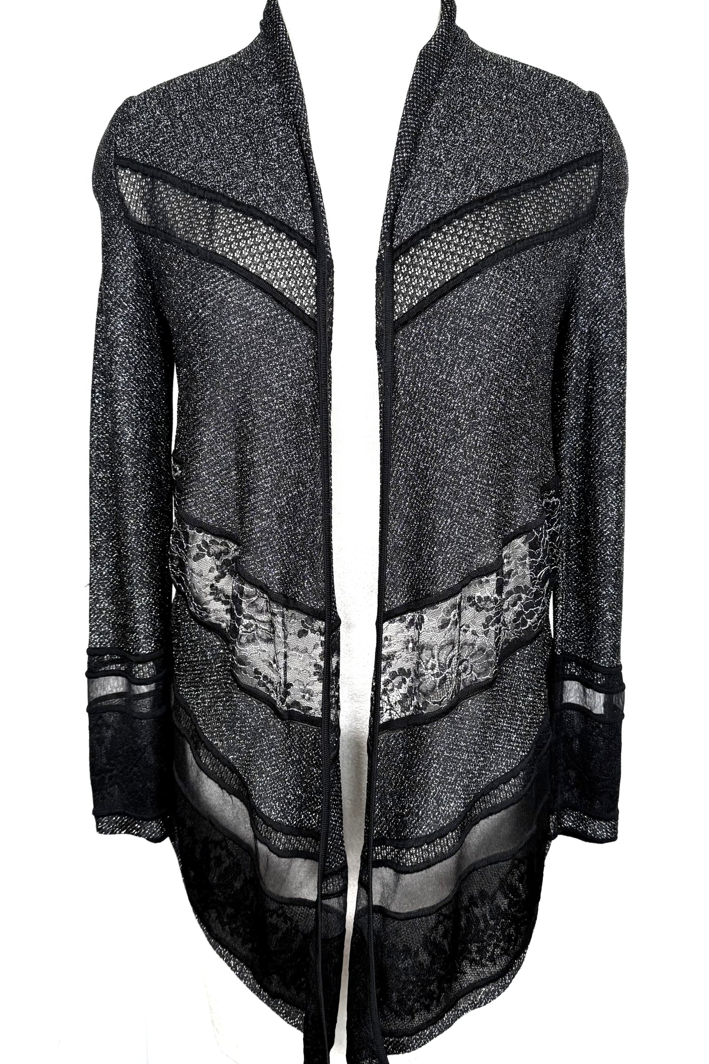 St. John Black & Silver Knit Lace Cardigan – Lightweight Open Front with Asymmetrical Hem - Size M