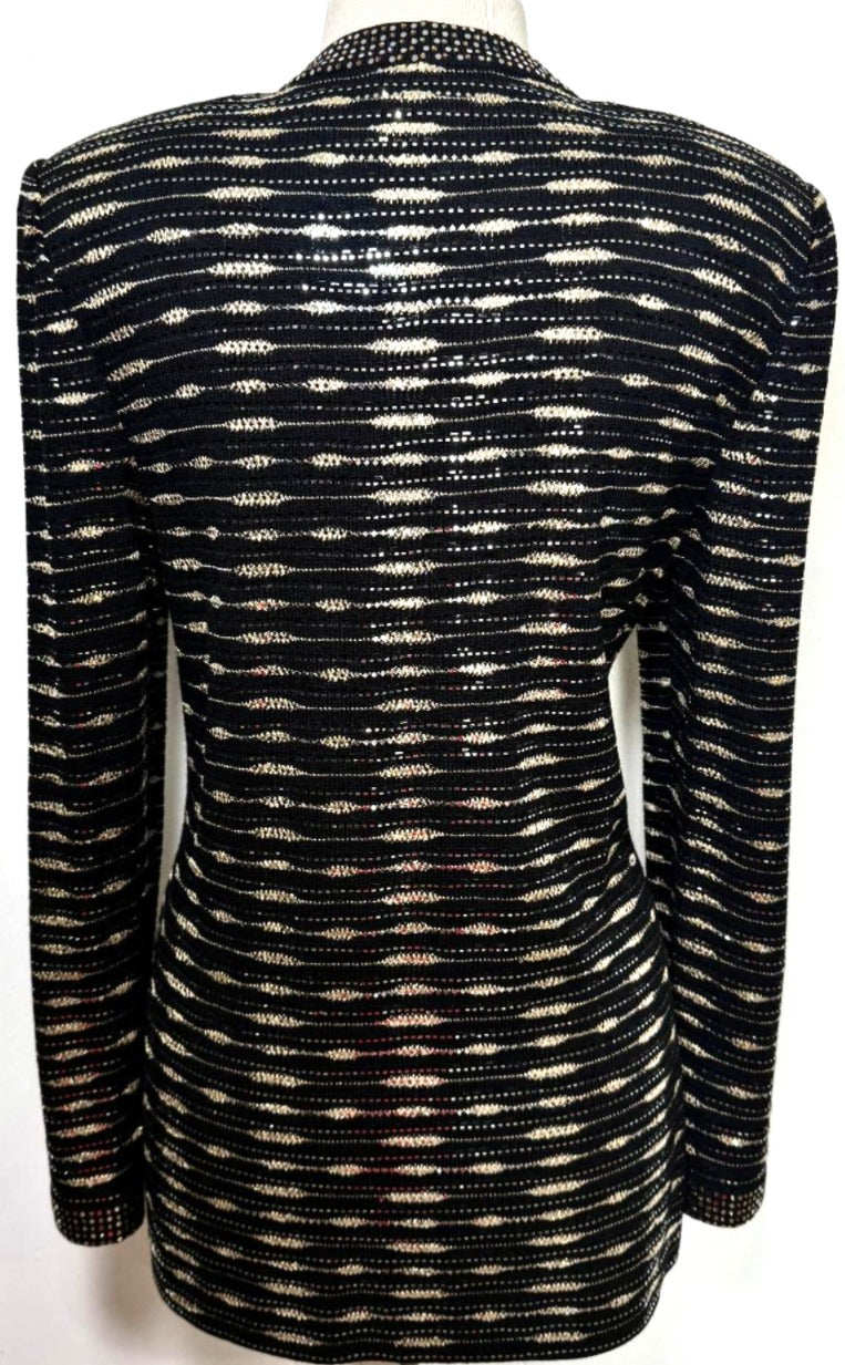 St. John Black Santana Knit Evening Jacket – Gold & Silver Paillettes with Crystal Buttons - Size 10