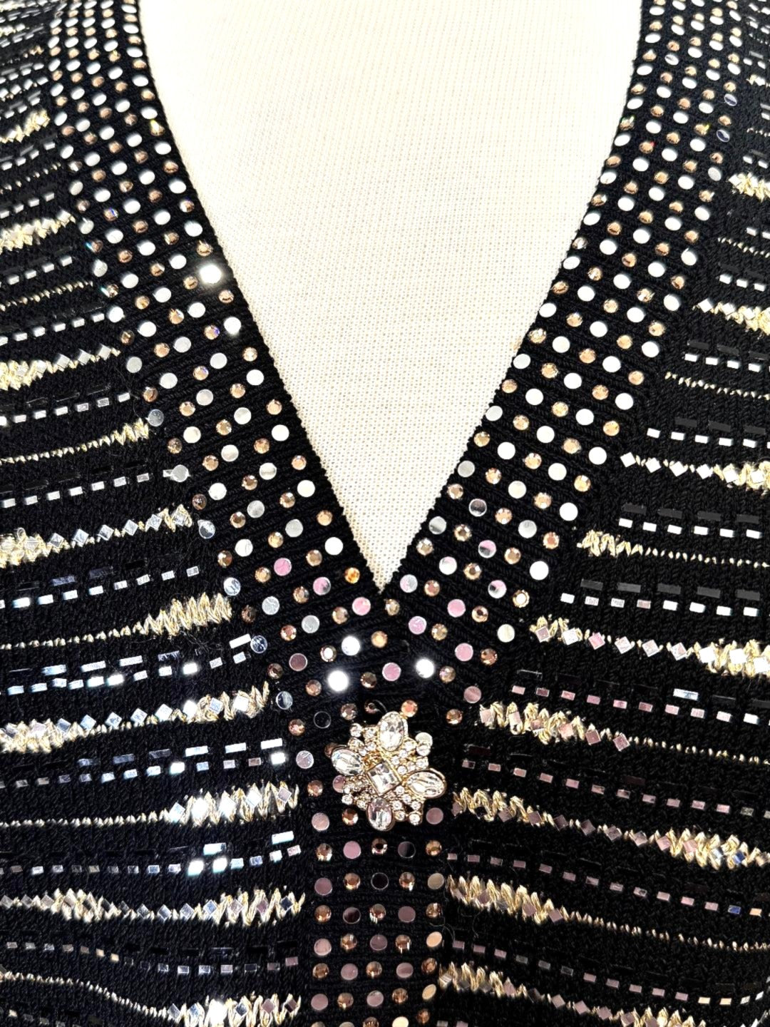St. John Black Santana Knit Evening Jacket – Gold & Silver Paillettes with Crystal Buttons - Size 10