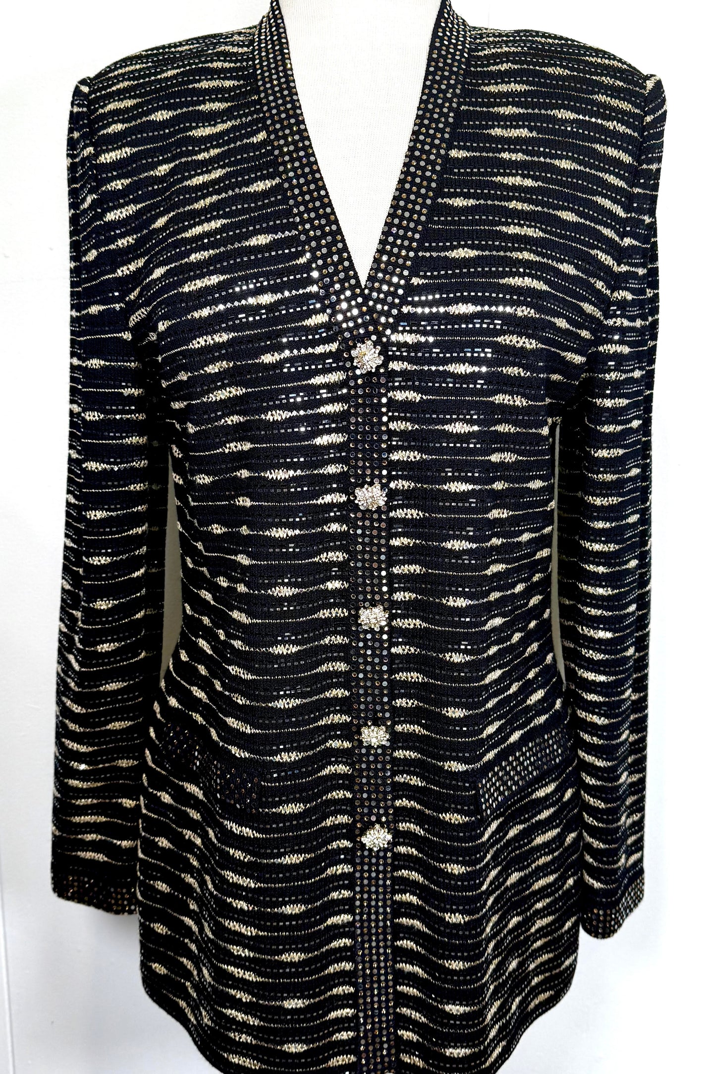 St. John Black Santana Knit Evening Jacket – Gold & Silver Paillettes with Crystal Buttons - Size 10